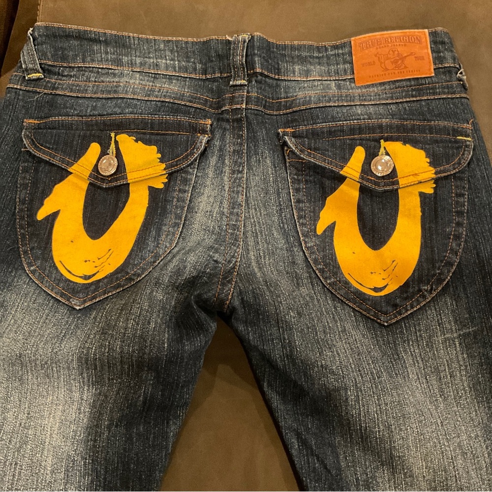 True religion billy horse shoe paint pocket flap Blue denim jeans  RARE